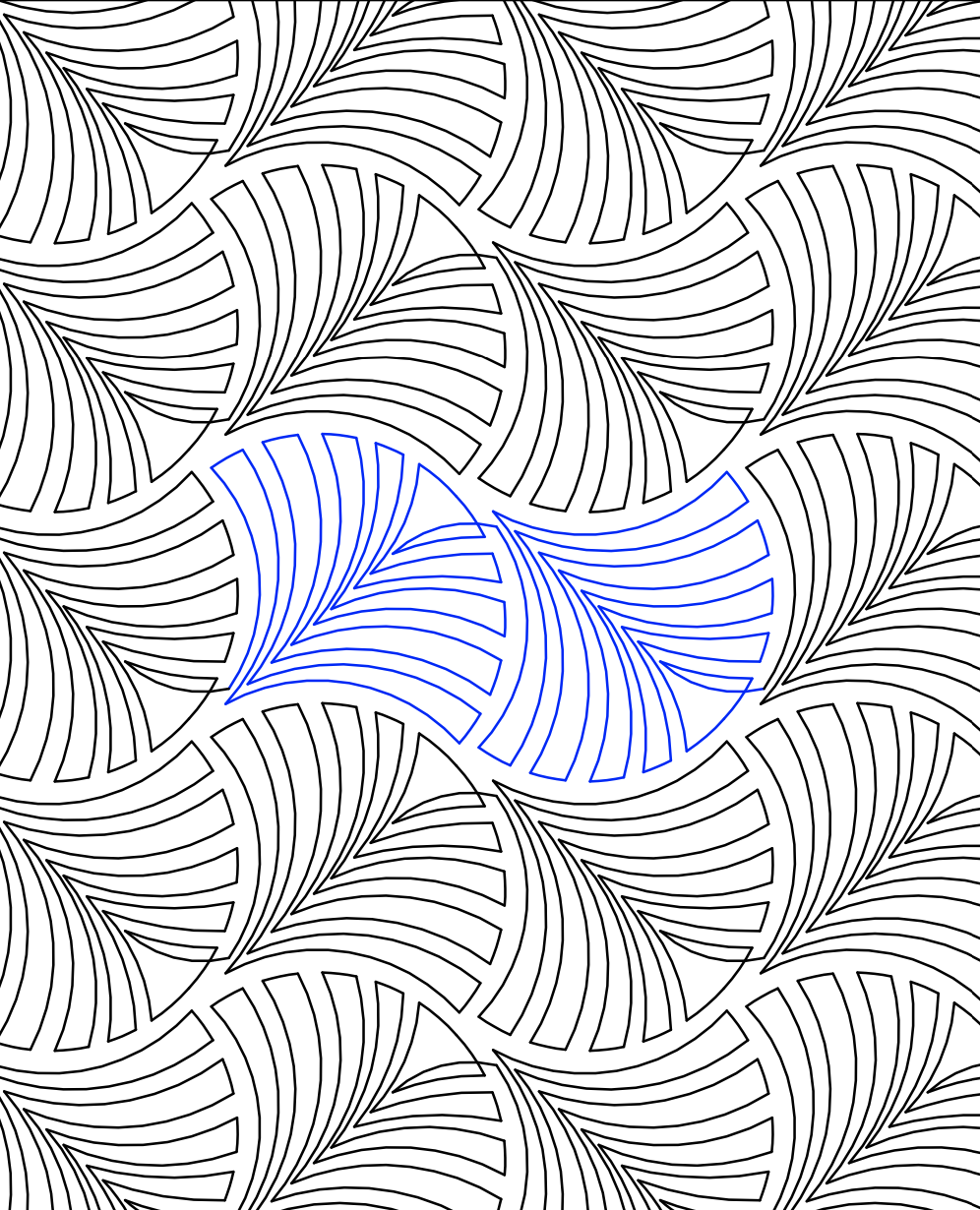 A patterned illustration with black and blue curved lines forming leaf-like shapes in a repeating pattern.