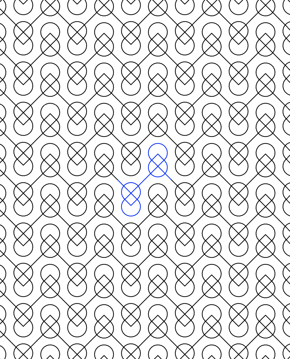 A black and white geometric pattern with interlocking circles and lines, featuring a small section outlined in blue.