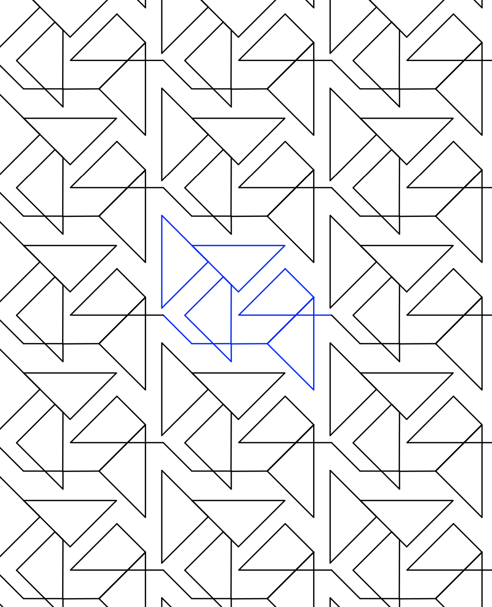 A geometric pattern of interconnected squares and triangles with a section highlighted in blue.