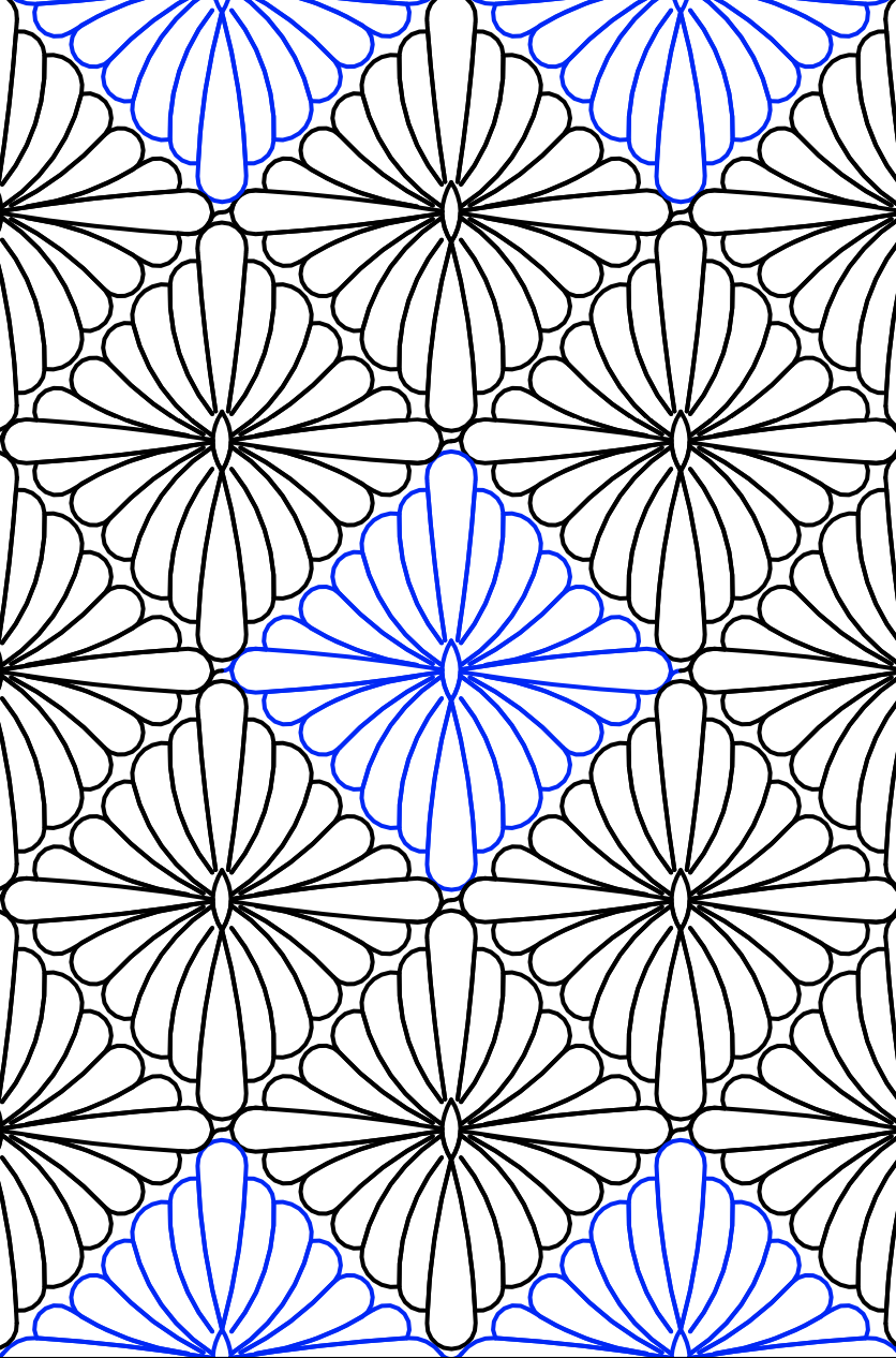 Pattern of symmetrical floral or shell-like shapes with alternating black and blue outlines.