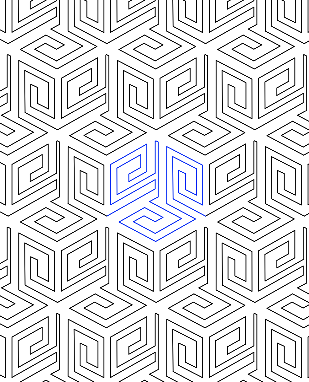 A pattern of black outlined geometric cubes on a white background, with one cube highlighted in blue.