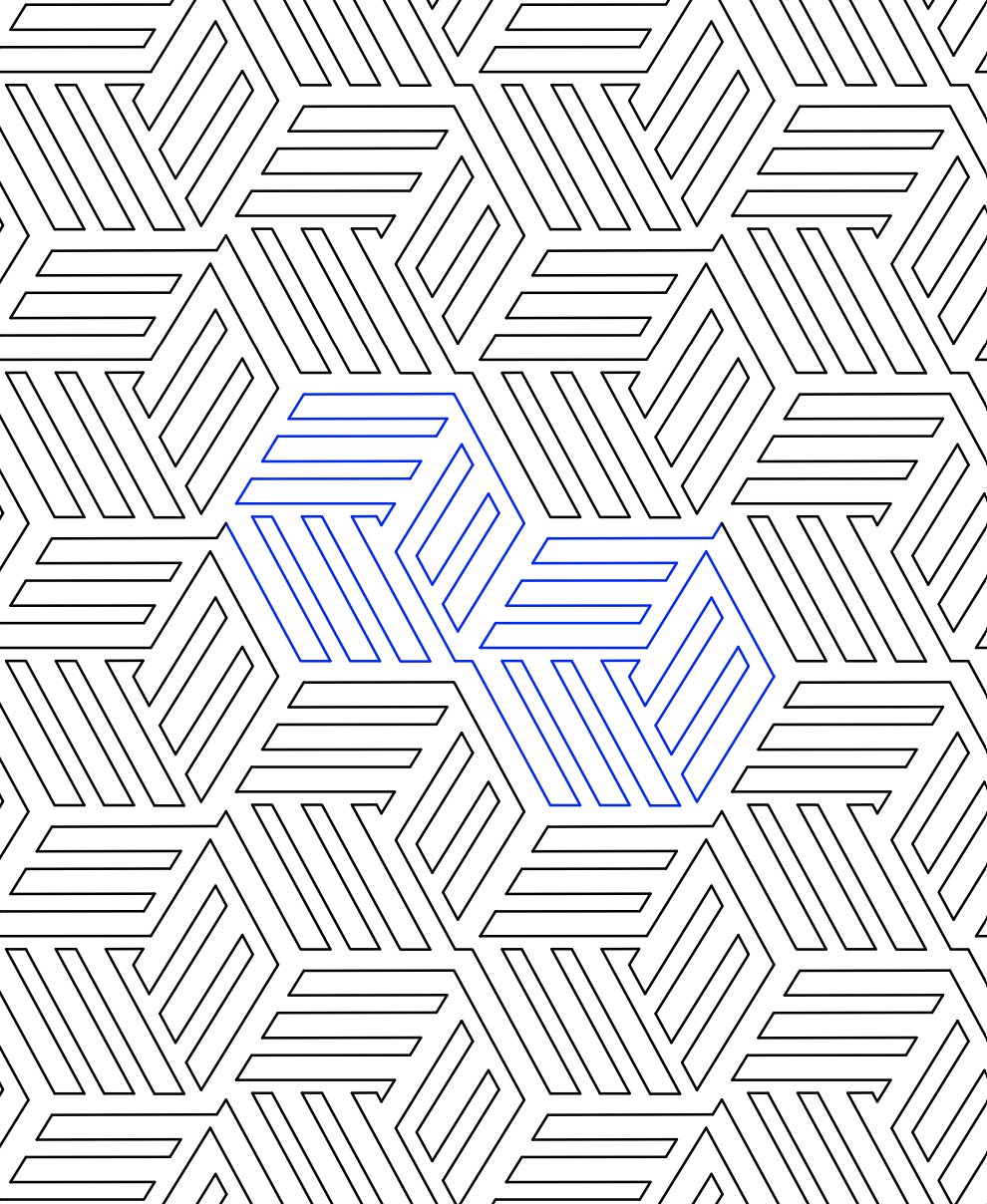 Pattern of interconnected black and blue lines forming a geometric maze.