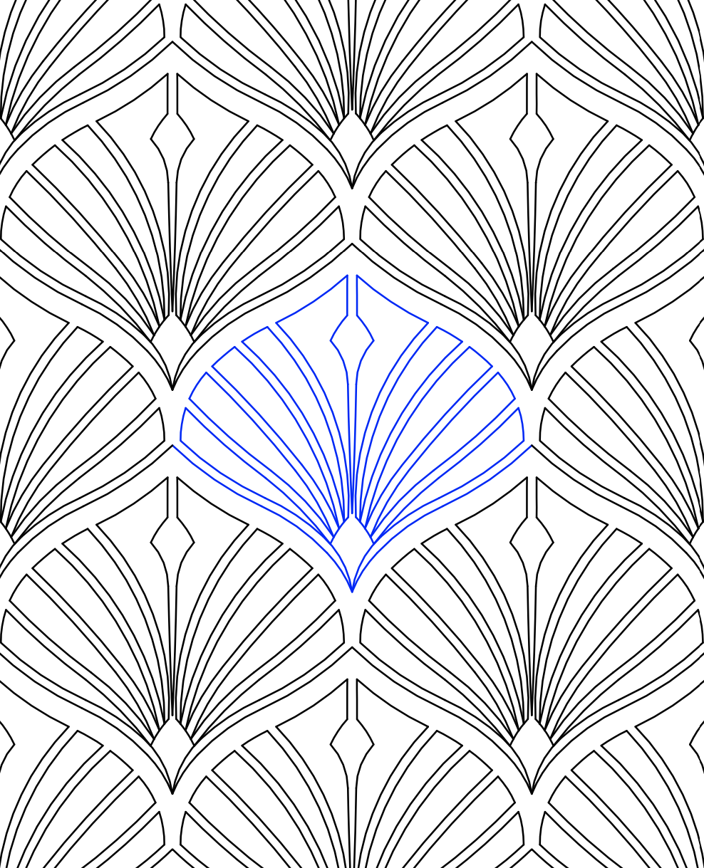 A black and white geometric pattern with a single blue outlined shape in the center.