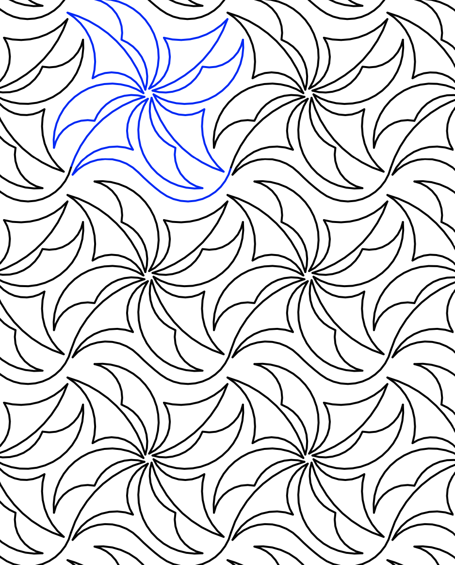 A black and white pattern of swirling curved lines resembling stylized spirals or floral shapes, with one section highlighted in blue.