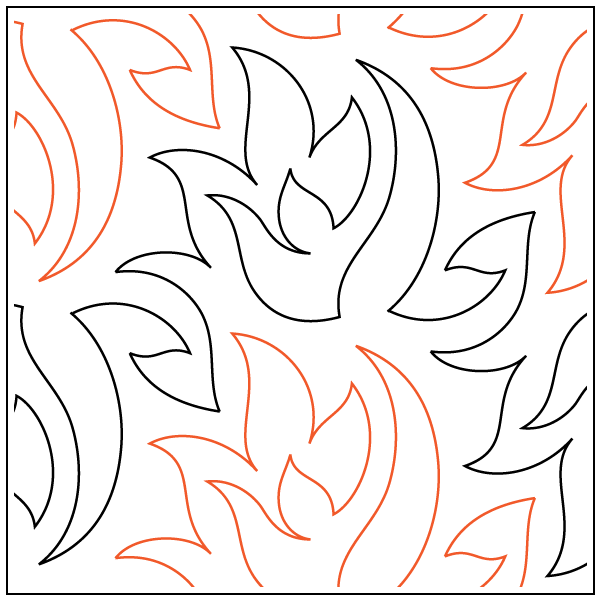 A coloring page featuring an abstract floral pattern with black and orange outlines of stylized flowers and leaves.