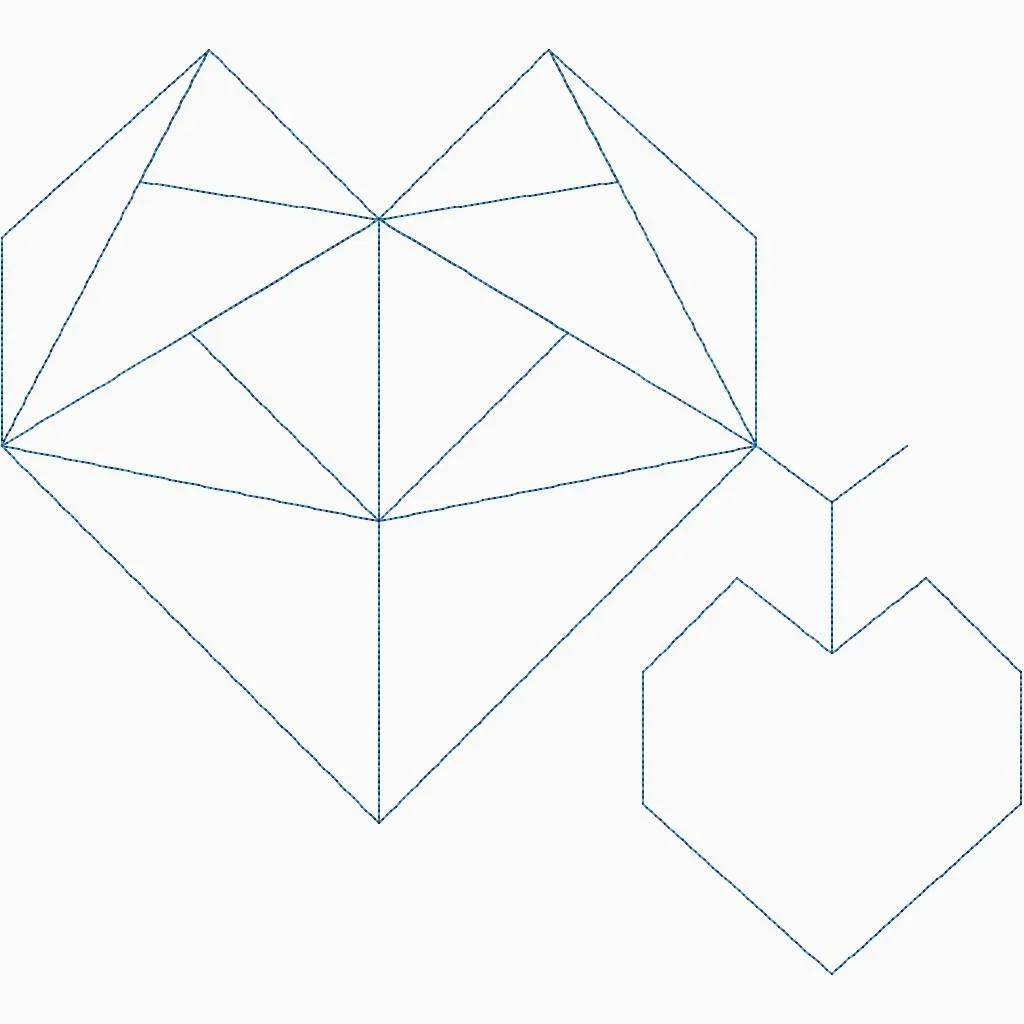 A line drawing of a geometric pattern with interconnected triangles and a hexagon.