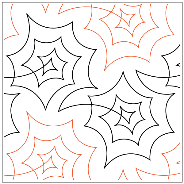 Line drawing of multiple spider webs in black and orange, overlapping on a white background.