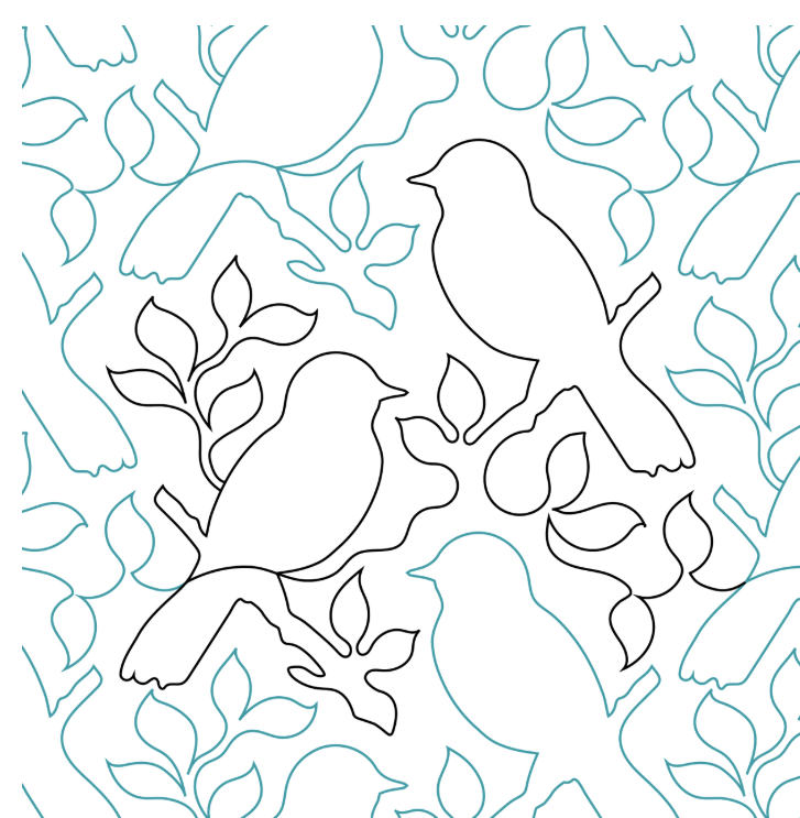 Pattern featuring outlined birds perched on branches among leaves.