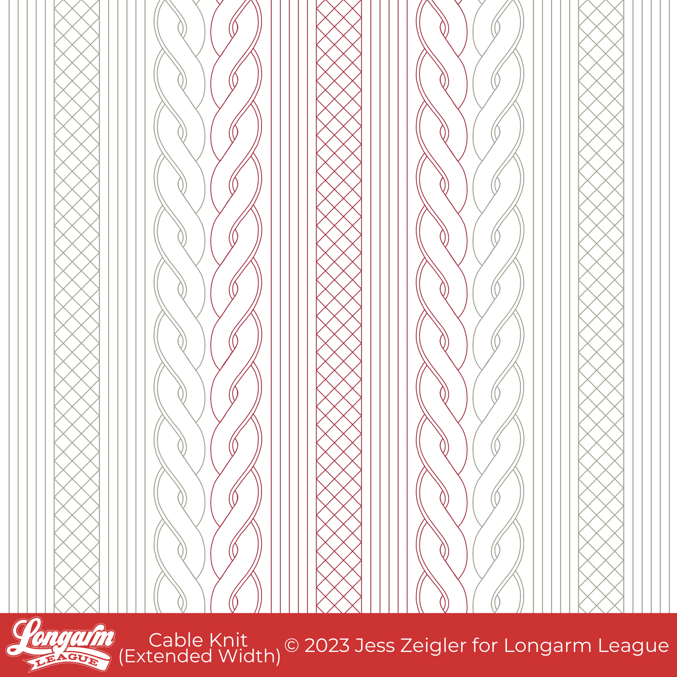A detailed cable knit pattern with twisted and diamond designs in red and black lines on a white background.