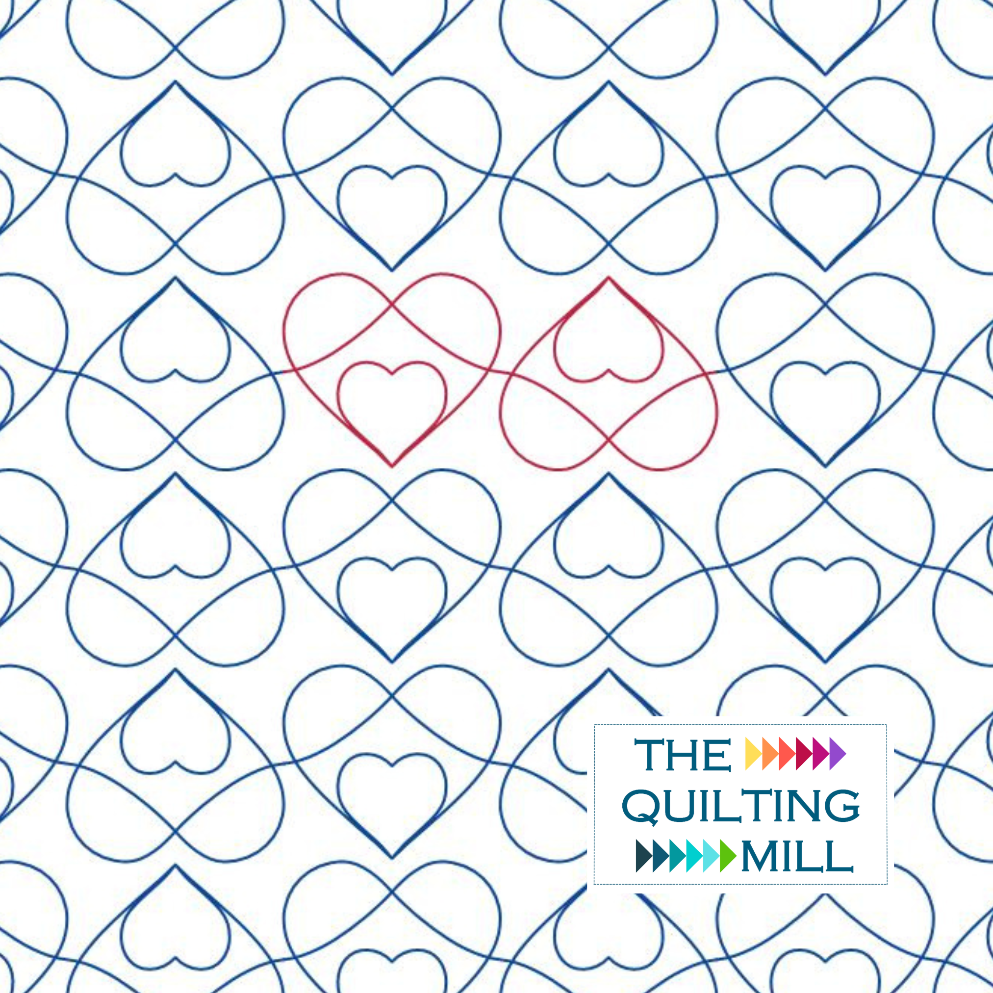 Pattern of blue and red intertwined hearts with the text 'The Quilting Mill' in colorful arrows on the lower right corner.