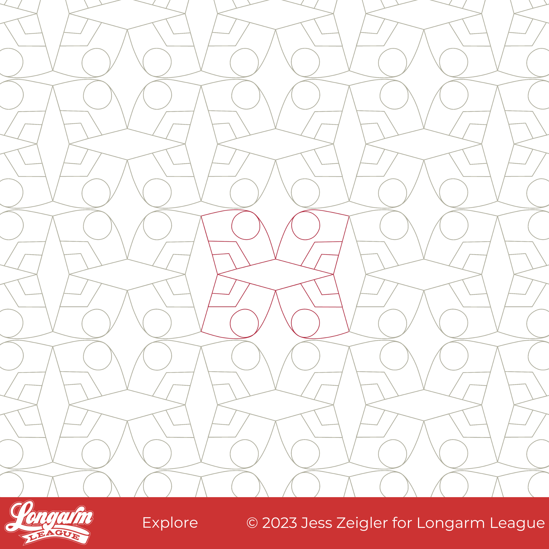 Color-coded geometric pattern puzzle with a central red shape outlined, consisting of circles and lines, surrounded by an intricate white and gray pattern.