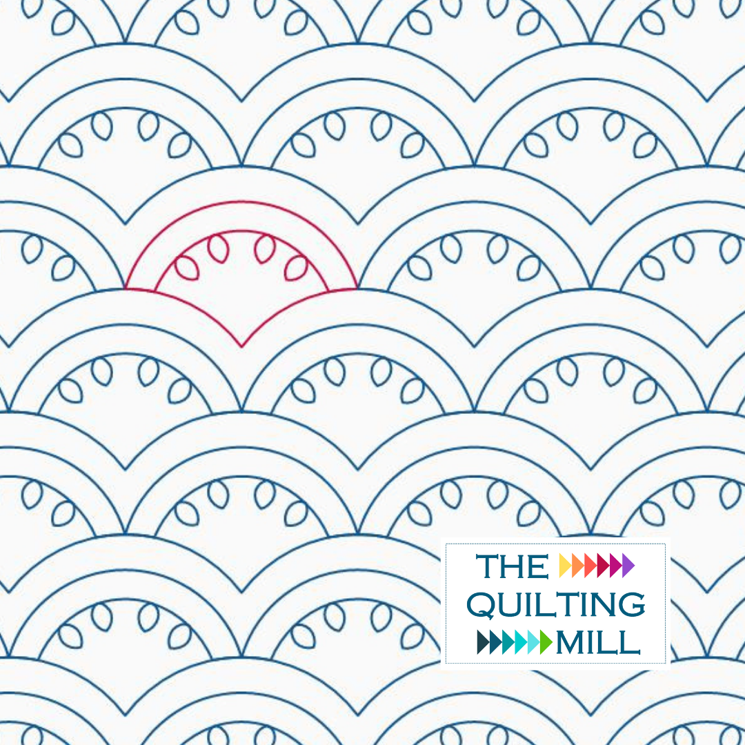 Pattern of blue and red semi-circular lines with small leaf shapes inside, with a logo at the bottom right corner that reads 'The Quilting Mill' with colorful arrows.