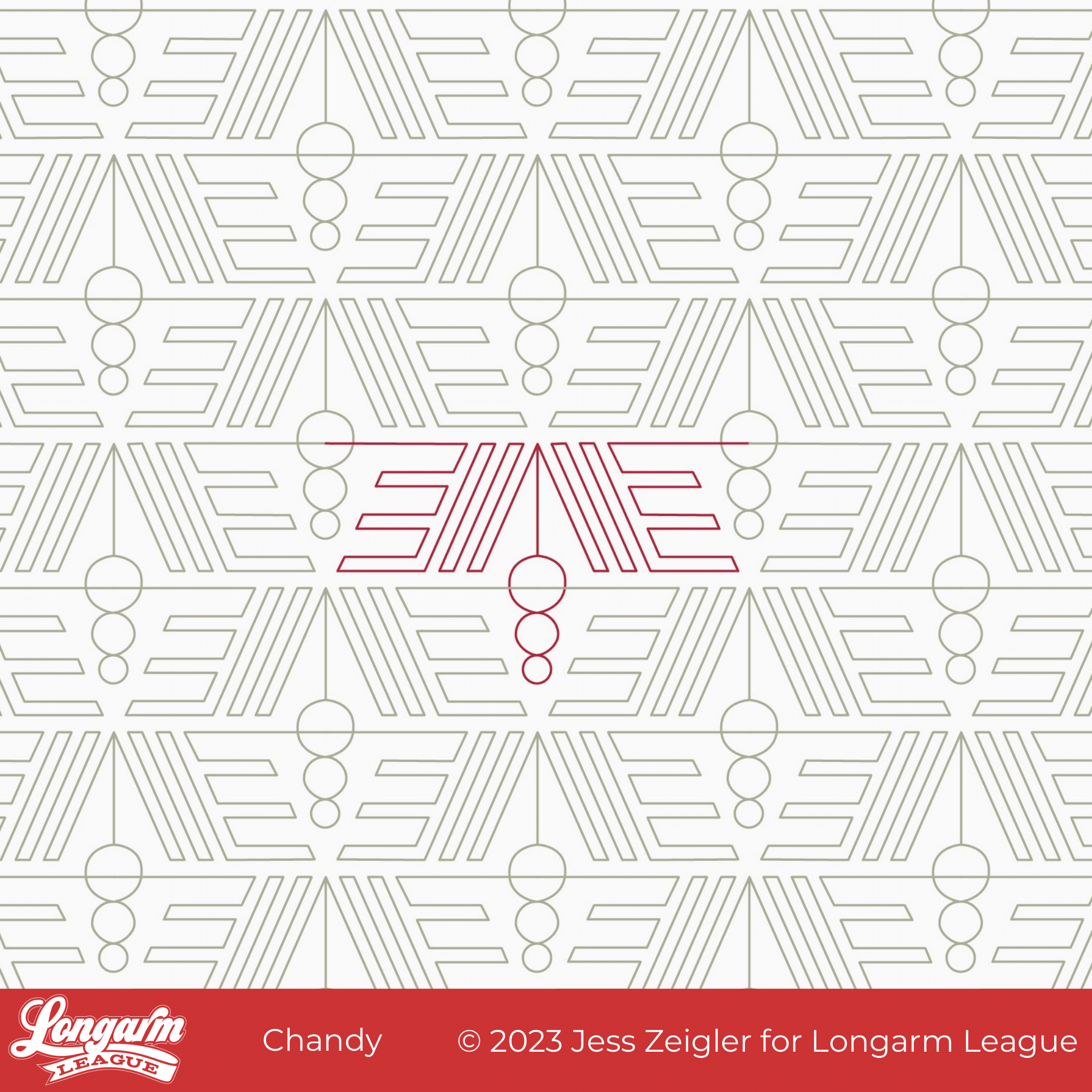 Pattern made of interconnected lines and circles, forming geometric shapes, with the word 'Chandy' highlighted in red in the center, and a red band at the bottom containing the Longarm League logo and copyright information.