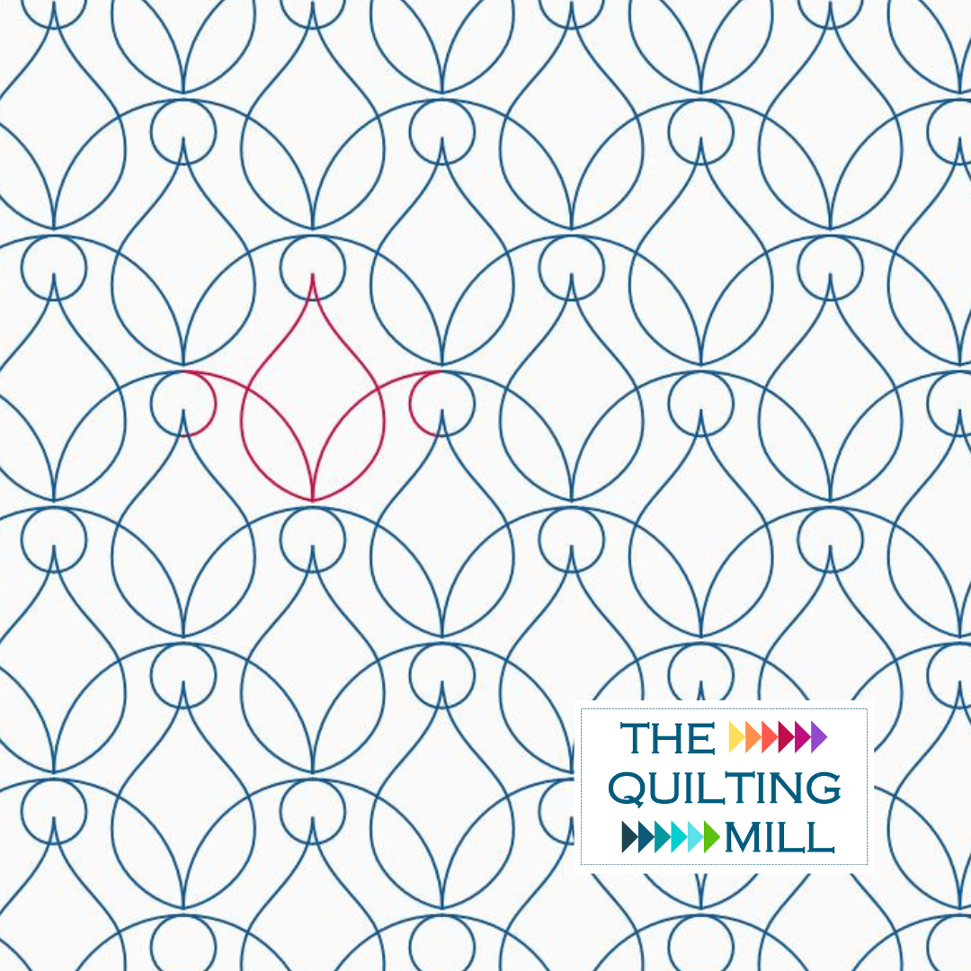 A geometric pattern made of interconnected blue circles and lines, with one pink pattern among them. The bottom right corner features a white rectangle with the text "THE QUILTING MILL" and colorful arrow graphics.