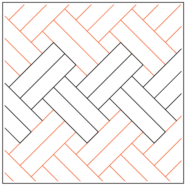 A geometric pattern with black and orange lines forming a woven, herringbone-like design.
