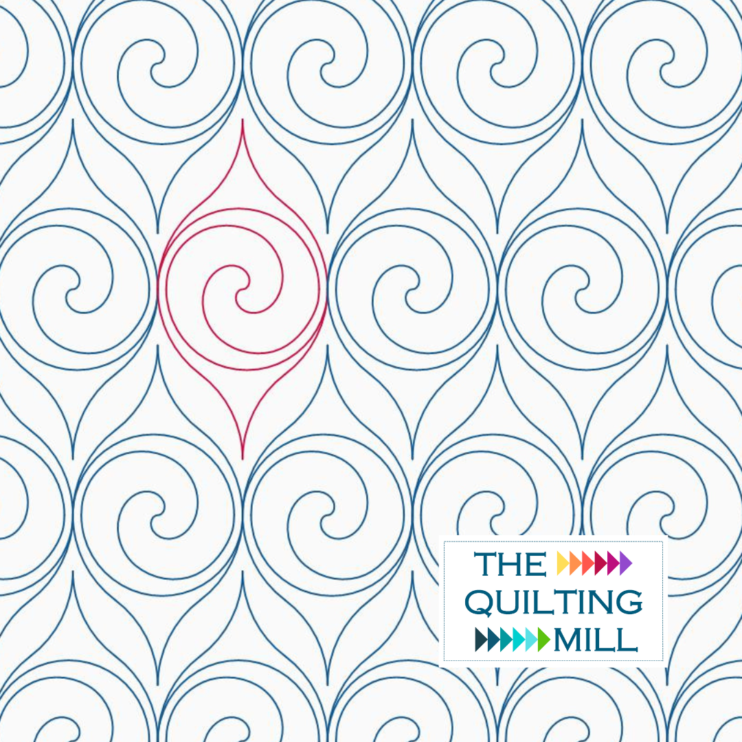 Illustration of a repeating spiral pattern in blue, with a red spiral in the center. A logo in the bottom right corner reads 'The Quilting Mill' with colorful arrow designs.