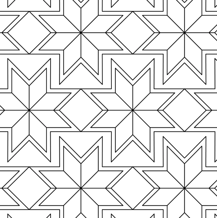 A black and white geometric pattern with stars and diamond shapes connected in a repeating design.