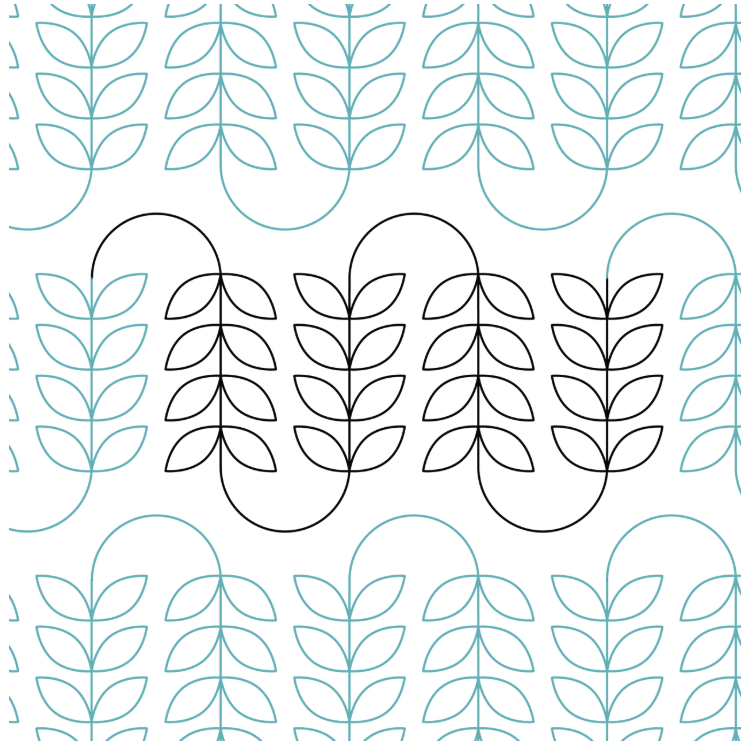 Pattern of stylized leaves in black and light blue, arranged in rows, with the black leaves forming a wave-like pattern.