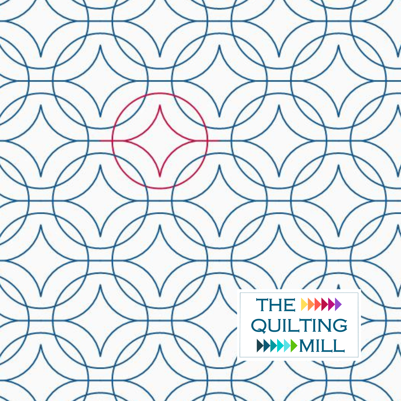 A geometric pattern with overlapping circles and star-like shapes in blue, with a red shape in the center. In the bottom right corner, there is a logo with the text 'The Quilting Mill' in colorful, arrow-shaped icons.