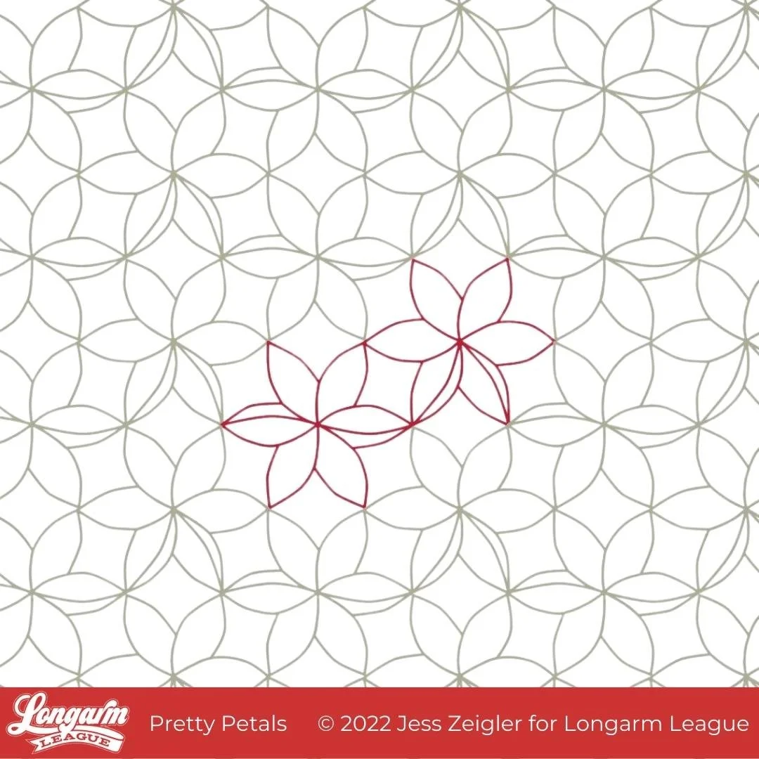A pattern of interconnected circles forming a geometric design with five outlined petals in maroon color centered on the pattern.