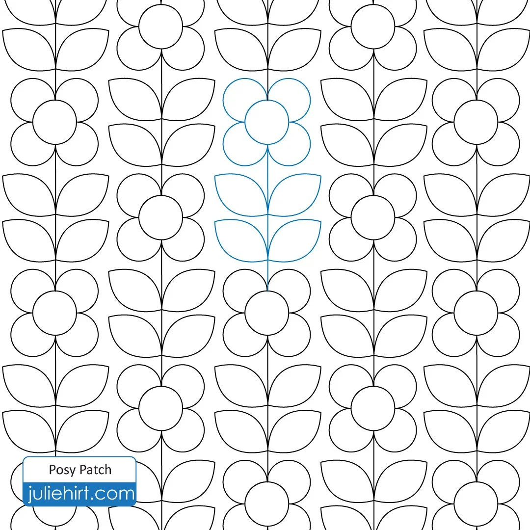 Line art pattern of stylized flowers with circular centers and four petals, arranged in vertical columns with leaves and stems, with one flower outlined in blue.