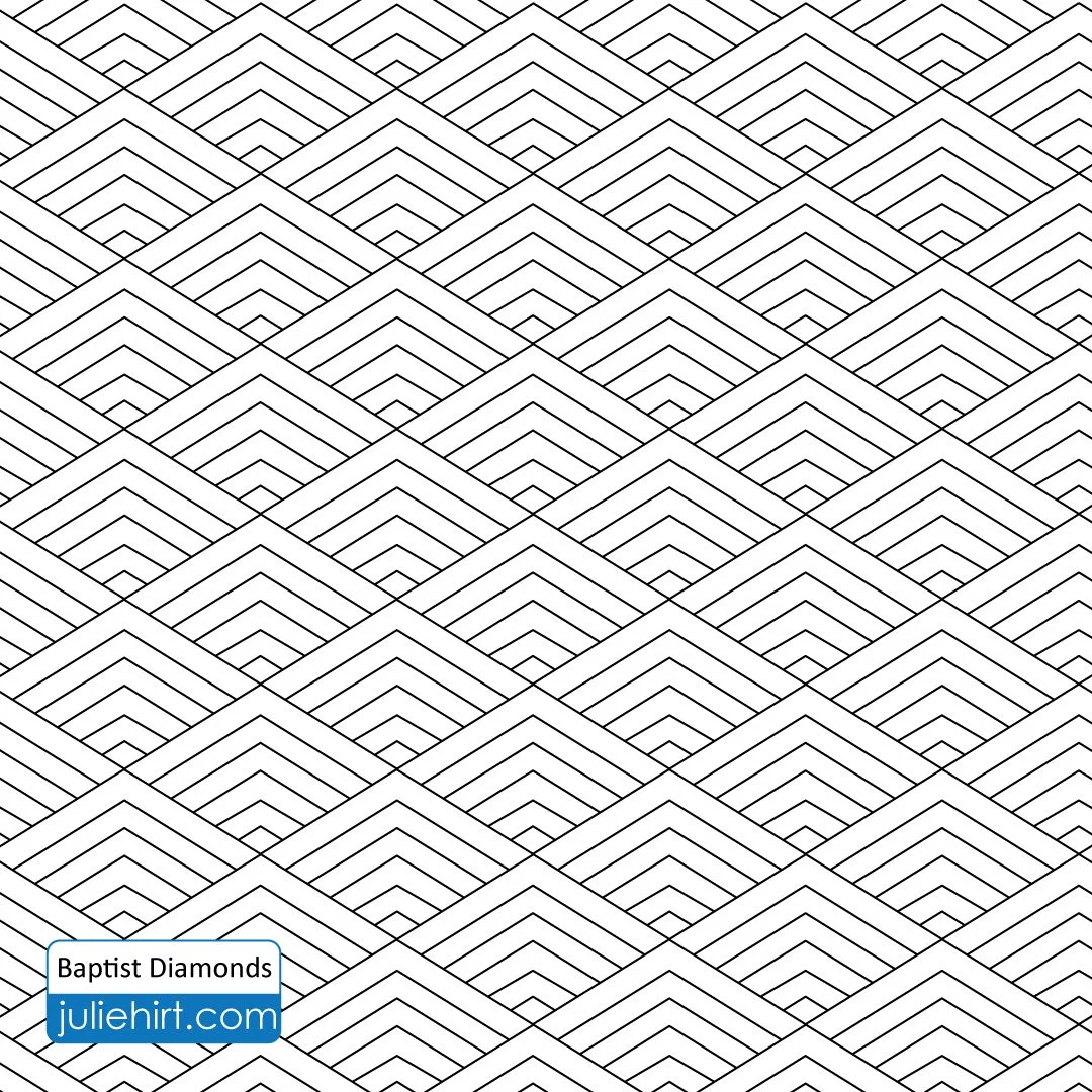 Black and white geometric pattern of repeating diamond shapes with parallel lines inside each diamond, creating a layered effect.