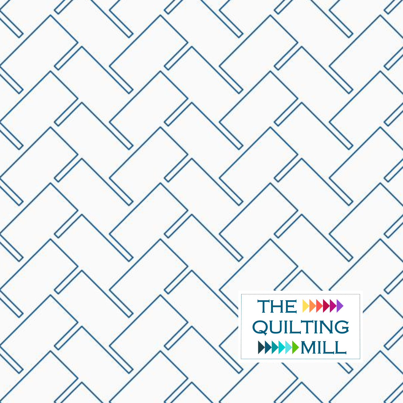 Pattern of blue outlined quilt blocks on a white background with a logo reading 'The Quilting Mill' in the bottom right corner.
