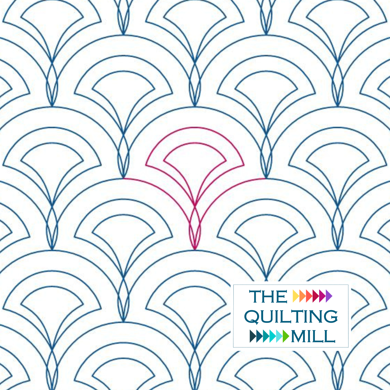 A repeating pattern of blue arch shapes with lines forming a scaled pattern, with one pink pattern in the center. The bottom right corner displays a logo with the text "THE QUILTING MILL" in colorful font and arrows.