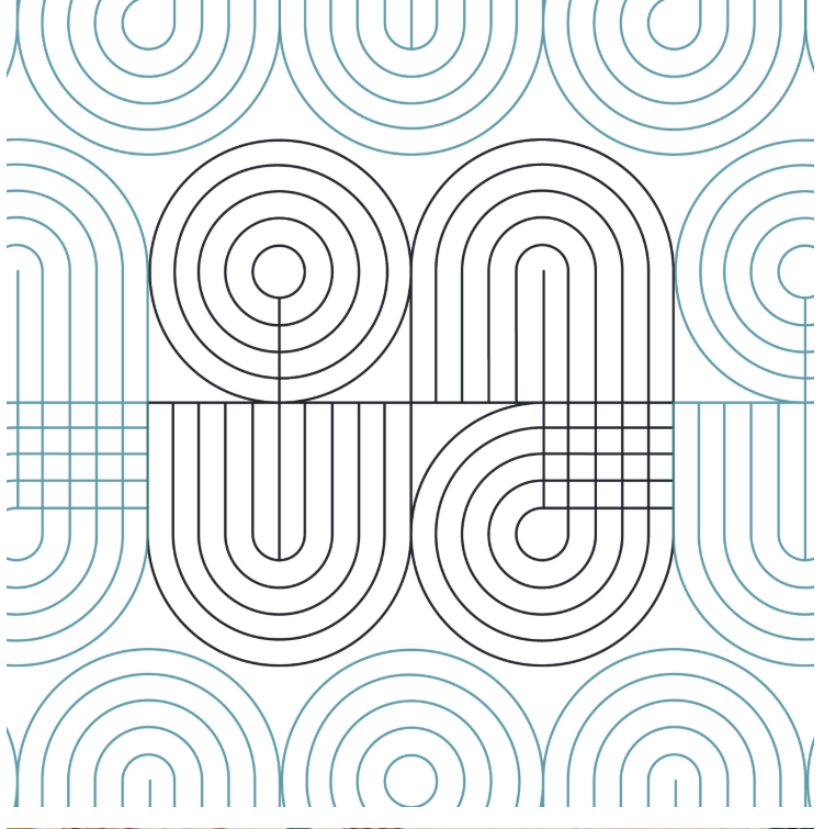 A geometric pattern of concentric circles and curved lines in black and blue on a white background, creating an optical illusion effect.