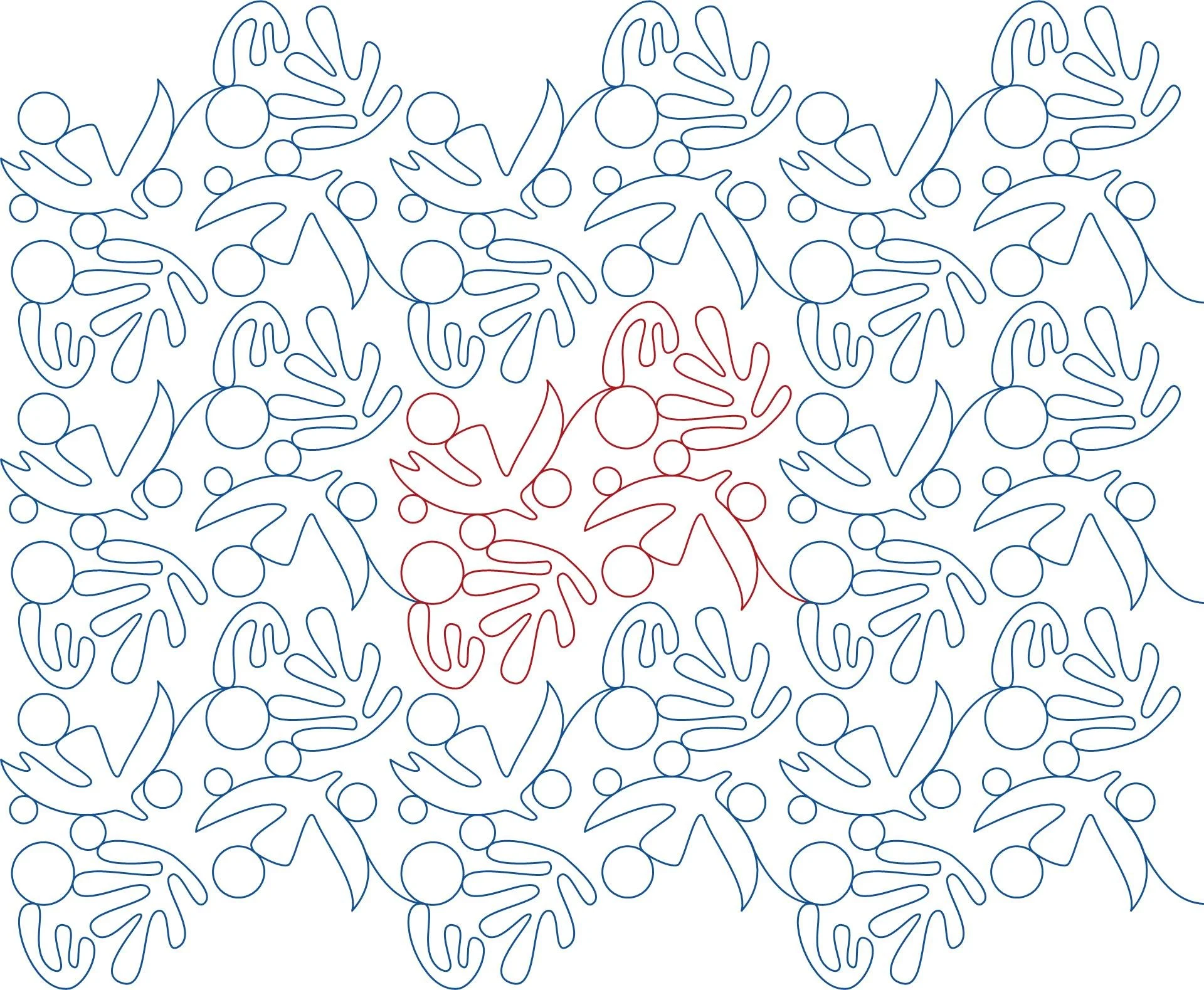 A pattern of line drawings of reindeer, with one reindeer highlighted in red among many blue reindeer.