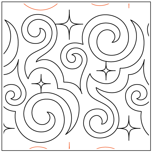 Black and white line art of swirling, curved patterns with star-like shapes, resembling a decorative or abstract design.