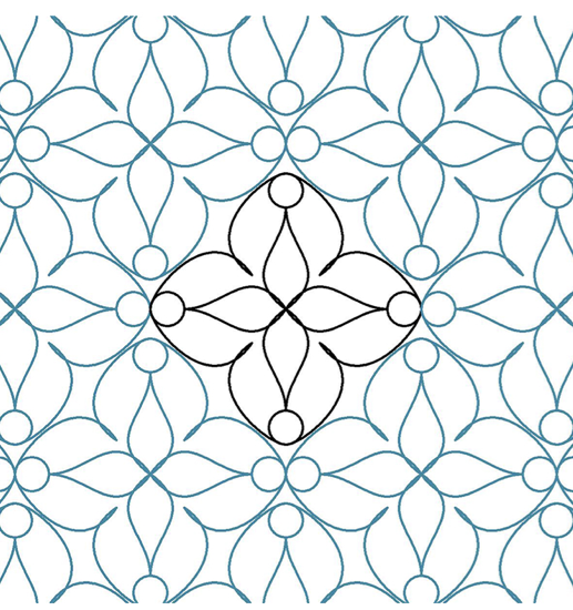 Pattern of interlocking circular floral designs, with a central four-leaf clover shape, in black and blue lines on a white background.