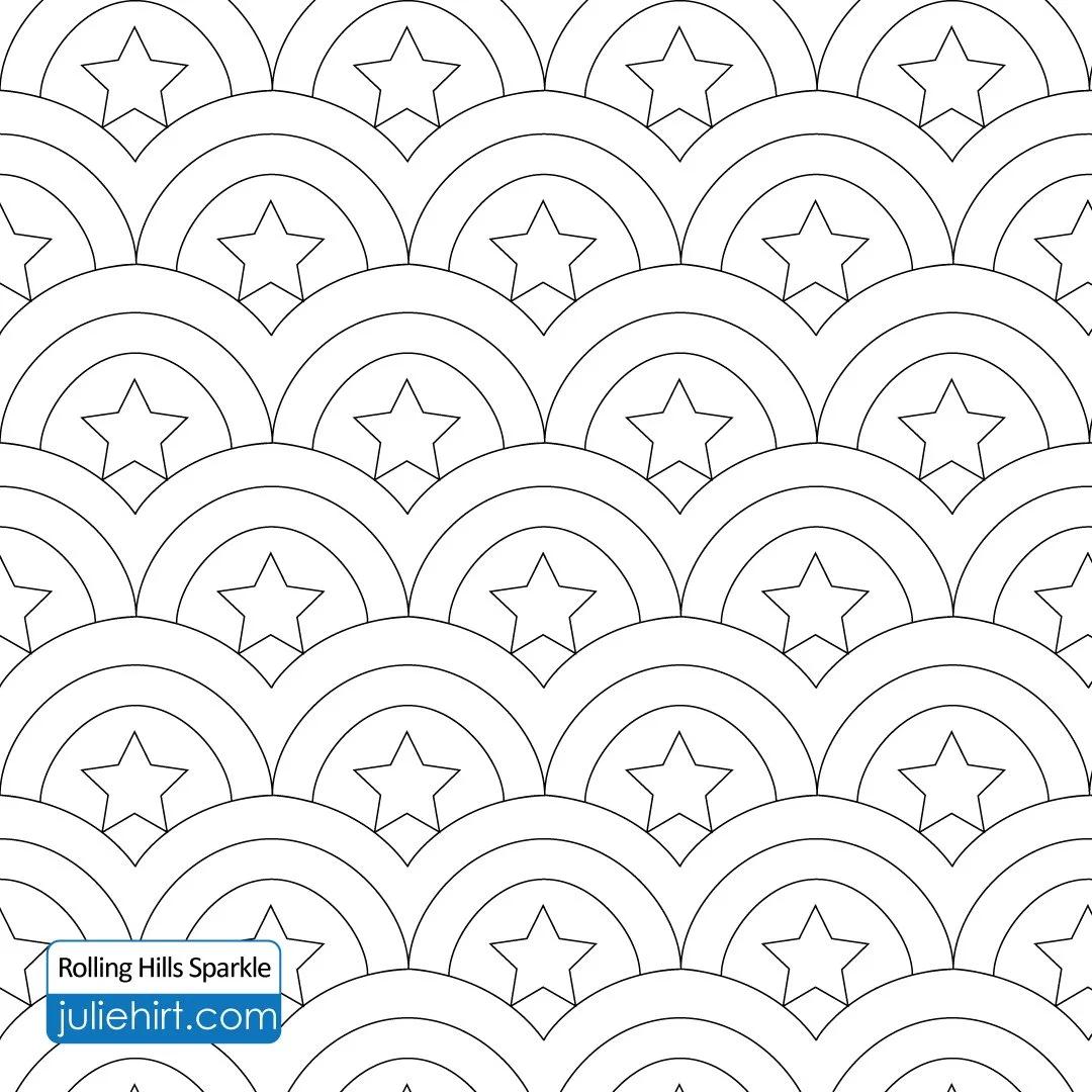 A black and white coloring template with a pattern of multiple overlapping rainbows, each with a star in the center.