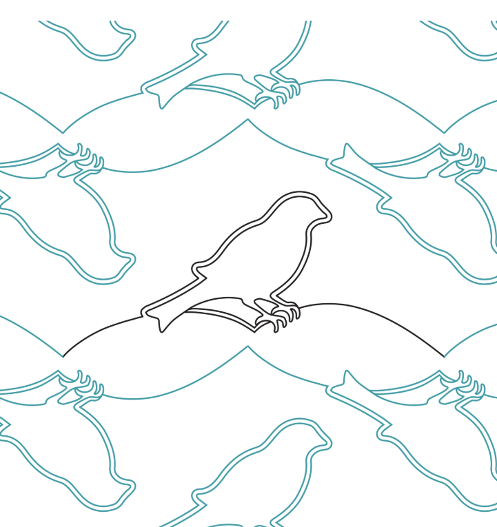 Minimalist line drawing pattern of a bird perched on branches, repeated in a seamless design with blue and black lines.