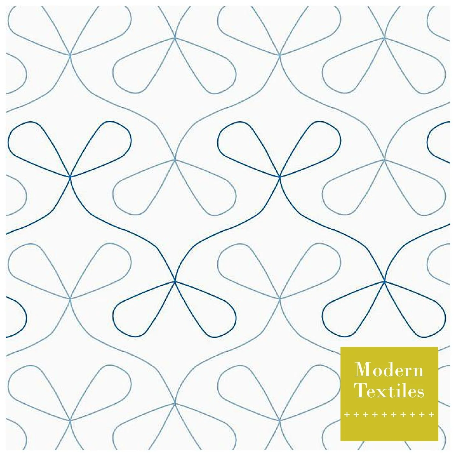 Pattern of interconnected, flowing lines forming floral shapes on a white background, with a label in the bottom right corner reading 'Modern Textiles' on a yellow-green background.