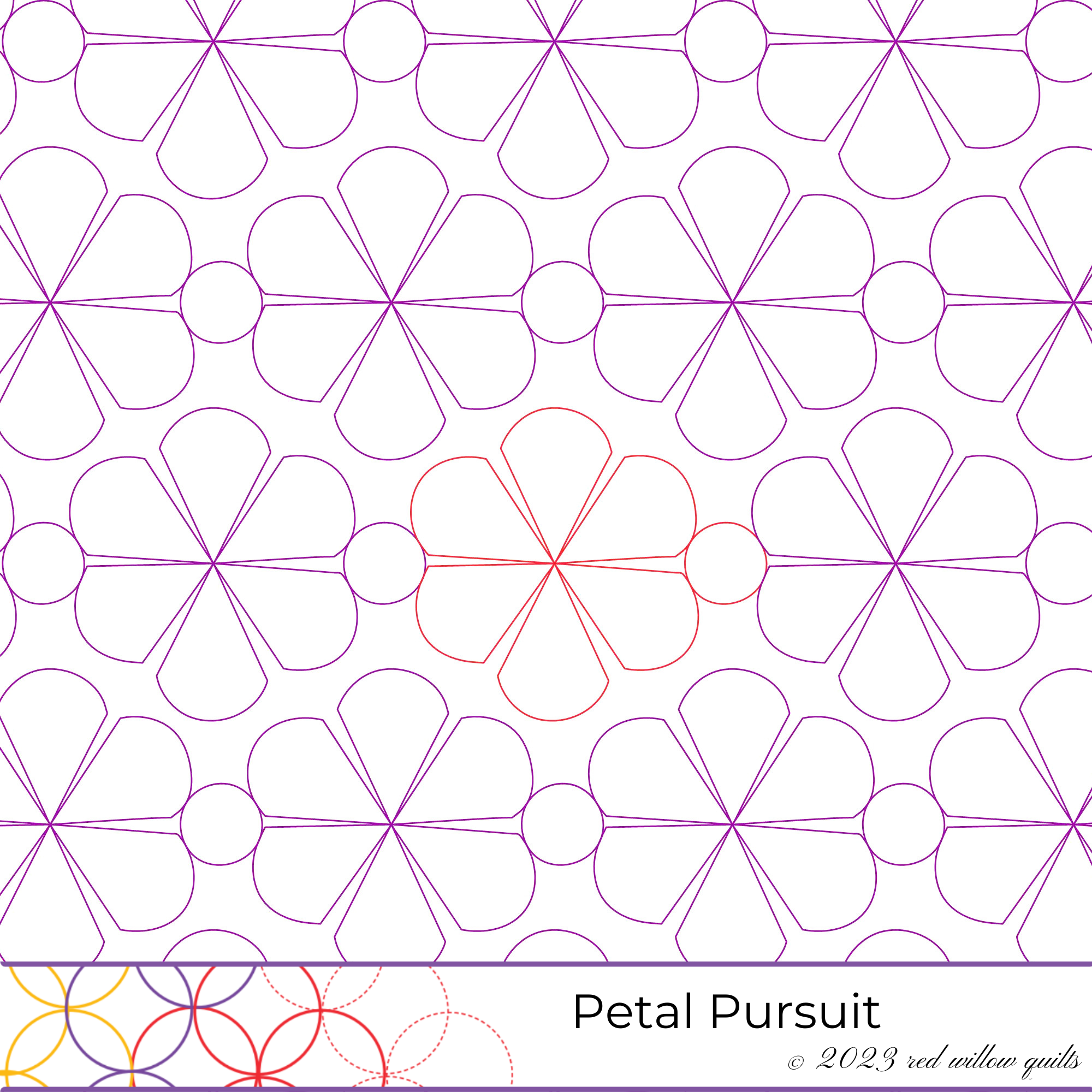 Pattern of interconnected flower shapes made with circles and lines in purple and red, titled 'Petal Pursuit', with a copyright from 2023 by Red Willow Quilts.