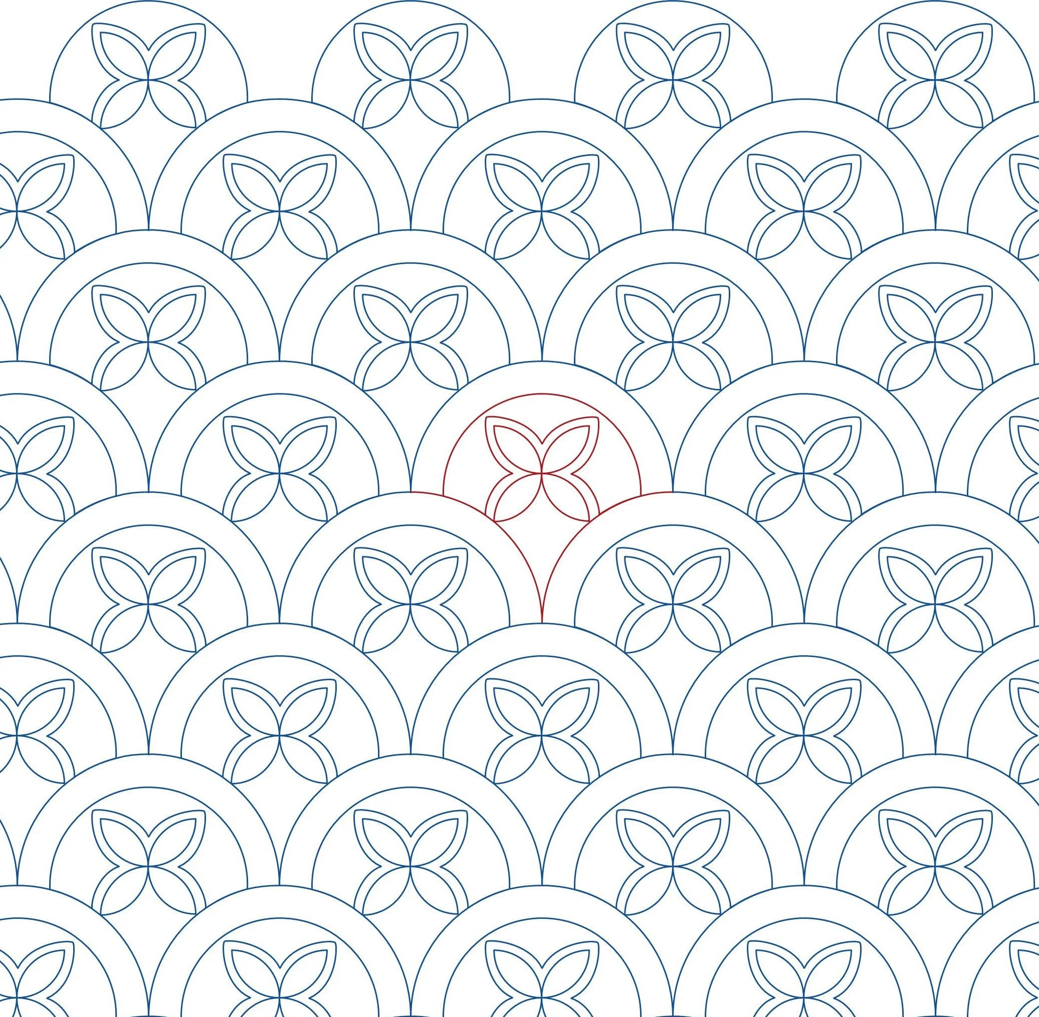 A pattern of overlapping semi-circular floral designs with a petal-like motif inside each, mostly in blue with one red design.