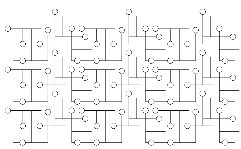 A black and white pattern consisting of interconnected lines and circles, creating a geometric, maze-like design.