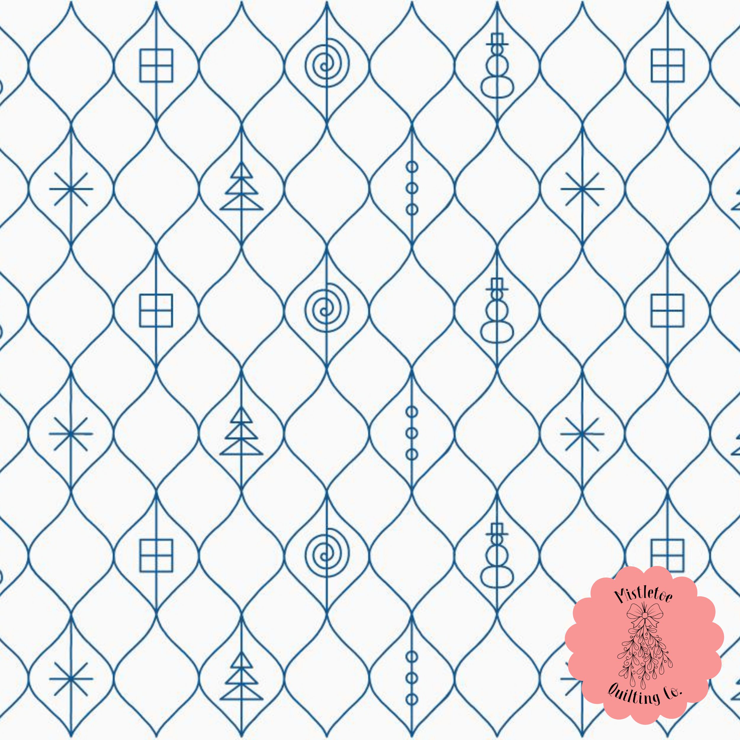 Pattern of blue geometric shapes and lines on a white background with a pink logo in the bottom right corner reading 'Mistletoe Quilting Co.'