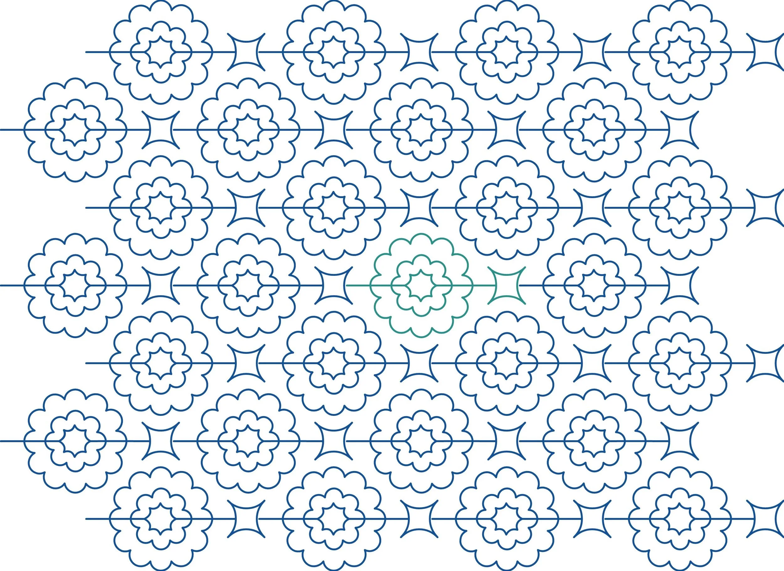 Line art pattern of interconnected floral shapes in blue and green colors.