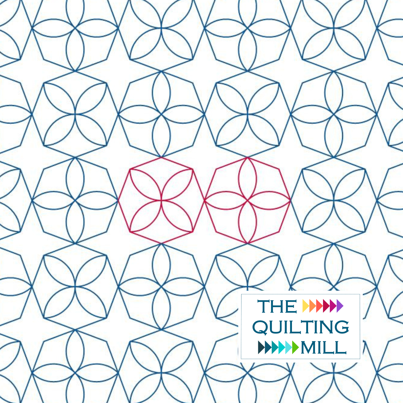 A digital illustration with a repeating geometric pattern of blue and red interconnected shapes resembling flowers or stars, with a text box in the bottom right corner that reads 'The Quilting Mill' with colorful arrow graphics.