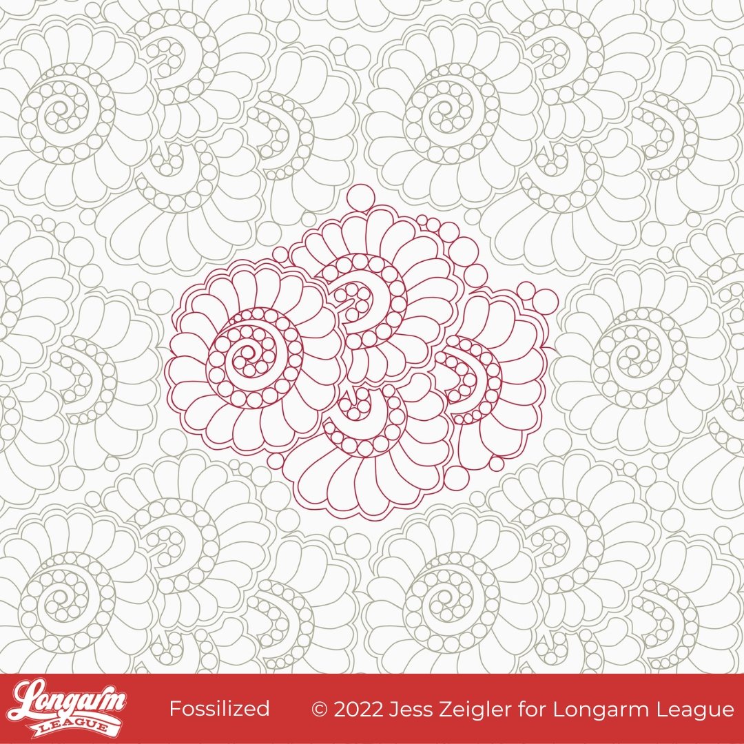 A line drawing of a pattern with spirals and petal-like shapes in red and gray, forming a floral or mandala-like design.
