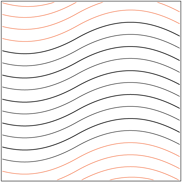 Abstract black and red curved parallel lines on a white background.