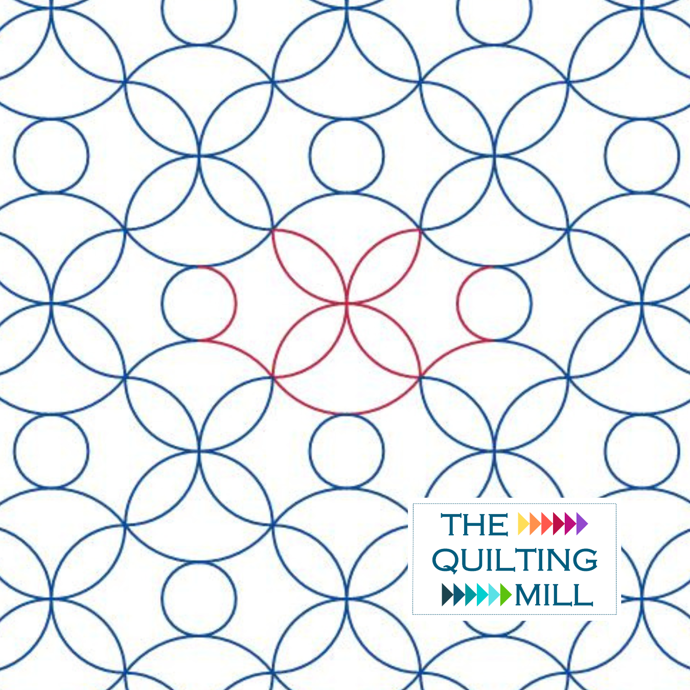 Pattern of interconnected blue and red circles forming geometric shapes with the text "The Quilting Mill" in a white box at the bottom right.