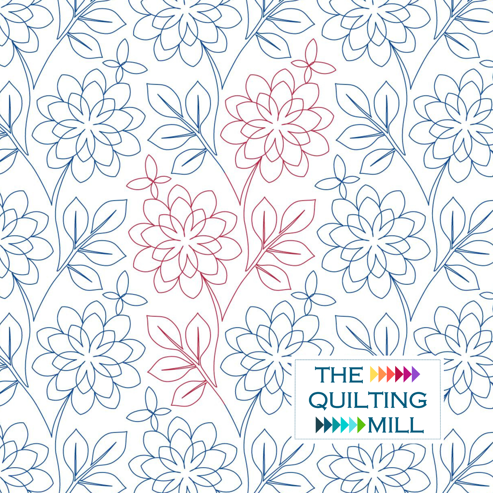 A white background with an intricate pattern of blue and red floral line drawings and leaves. There is a rectangular logo in the bottom right corner that reads "THE QUILTING MILL" with colorful arrow graphics.