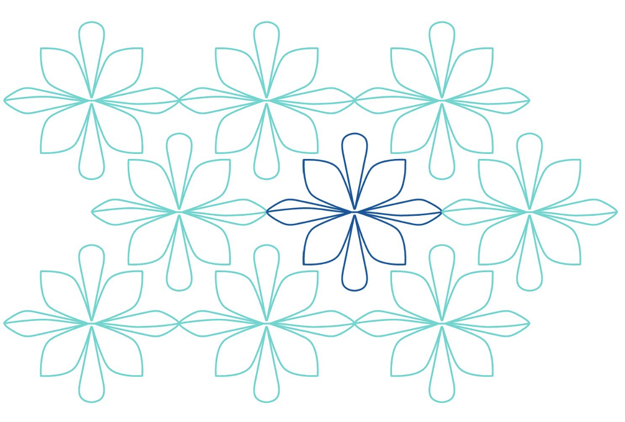 A geometric pattern of interconnected flowers in blue and teal outlines.
