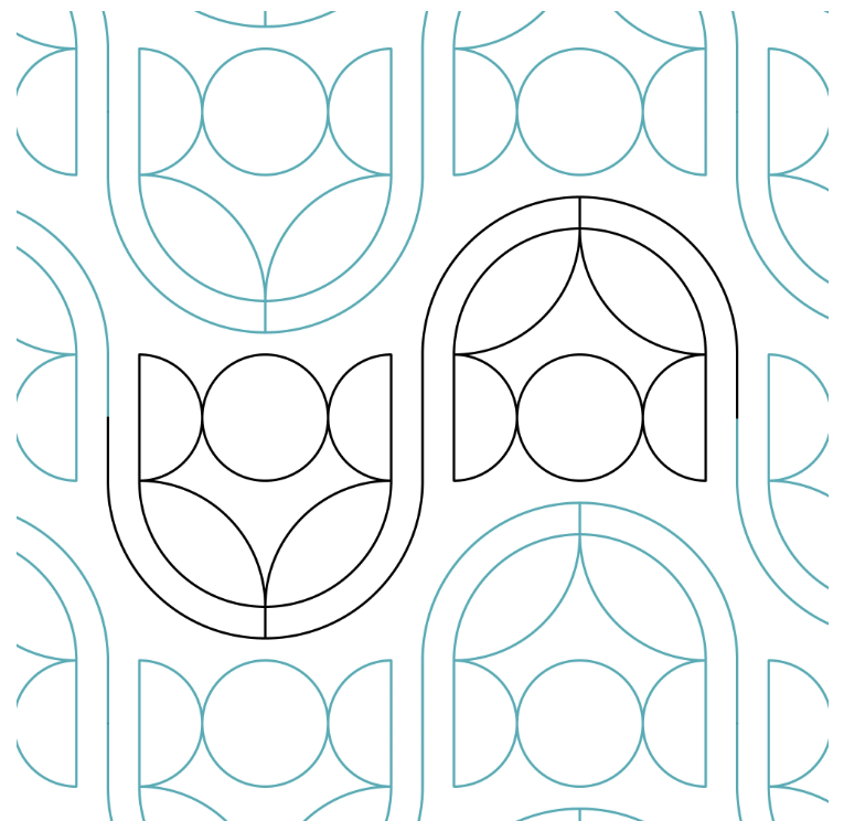 Pattern of interconnected geometric floral shapes and arcs in blue, black, and white lines.