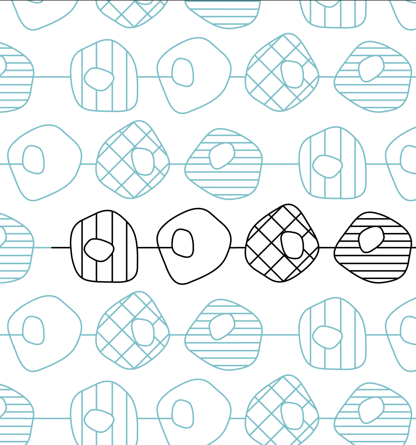 Pattern of stylized beach balls with different line designs in blue and black on a white background.