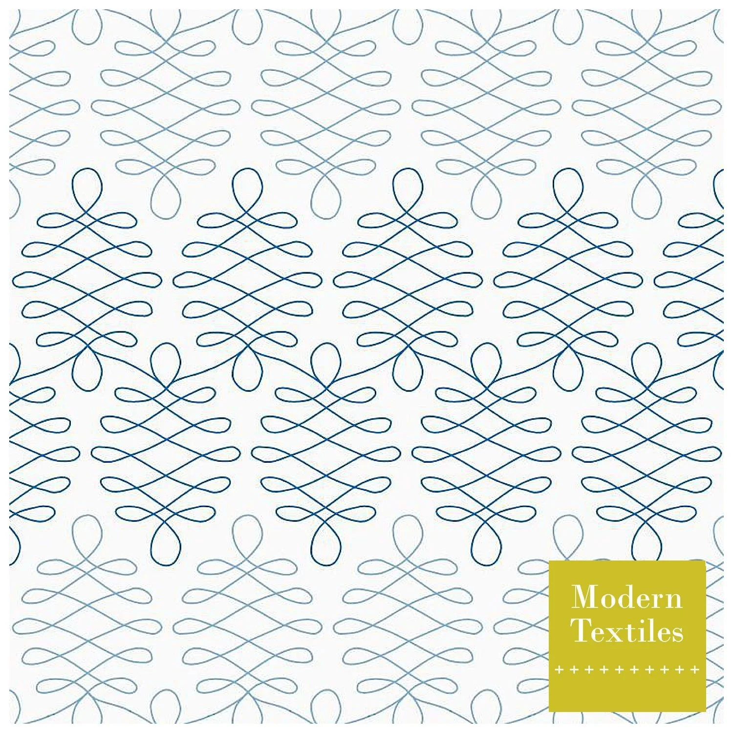 A modern textile design featuring an abstract pattern of interconnected loops in blue on a white background, with a yellow label in the bottom right corner reading 'Modern Textiles'.