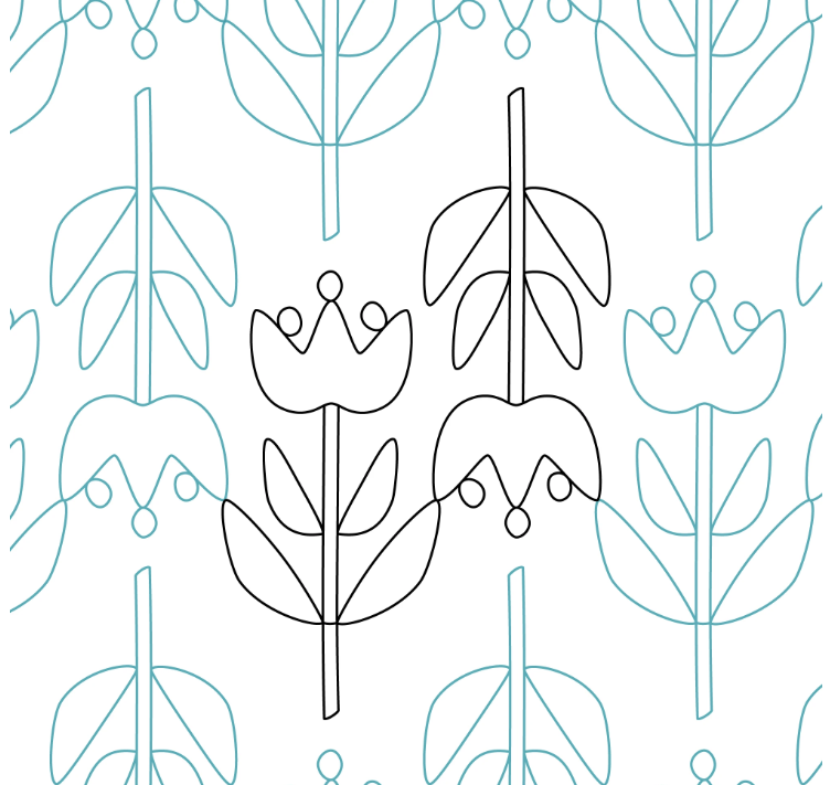 Line drawing of stylized flowers and leaves in black and blue on a white background.